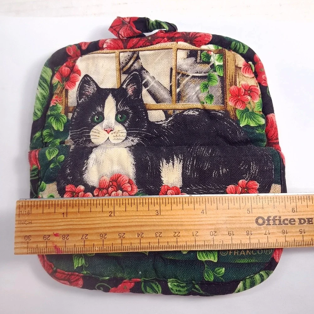 Vintage Franco Cat pot holder oven mitt black white‎ tuxedo red flowers garden